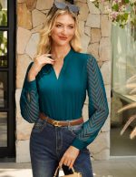 ⁦جريس كارين بلوزة كاجوال للنساء من الدانتيل الشفاف باكمام طويلة وبكسرات وقبة V مناسبة للعمل والمكتب⁩ - الصورة ⁦7⁩