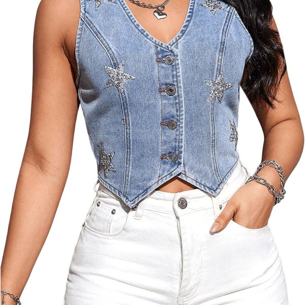 سترة نسائية من الدنيم برقبة على شكل حرف V غير متساوية Y2K من جورجليتر، سترة جينز قصيرة مزينة بالترتر وازرار سفلية