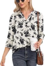 جويكا بلوزة كاجوال من الشيفون للنساء باكمام 3/4 ورقبة على شكل حرف V، بلوزة فضفاضة