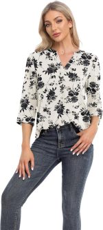 ⁦جويكا بلوزة كاجوال من الشيفون للنساء باكمام 3/4 ورقبة على شكل حرف V، بلوزة فضفاضة⁩ - الصورة ⁦3⁩