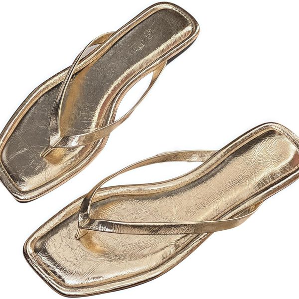 شبشب فليب فلوب بمقدمة مربعة للنساء من سنوفن - صندل صيفي مريح للشاطئ والمناسبات الرسمية غير قابل للانزلاق (لون ذهبي وفضي)