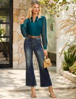 ⁦جريس كارين بلوزة كاجوال للنساء من الدانتيل الشفاف باكمام طويلة وبكسرات وقبة V مناسبة للعمل والمكتب⁩ - الصورة ⁦6⁩