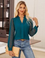 ⁦جريس كارين بلوزة كاجوال للنساء من الدانتيل الشفاف باكمام طويلة وبكسرات وقبة V مناسبة للعمل والمكتب⁩ - الصورة ⁦5⁩