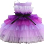 دي دانييلا - فستان شبكي للبنات الصغيرات بفيونكة امامية وحاشية مكشكشة - ازرق مظلل