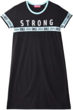 فستان من قطعة واحدة للبنات باكمام قصيرة وشريط مطبوع من نيكسجين، 7-8 سنوات، اسود S24HDGLGSPG01