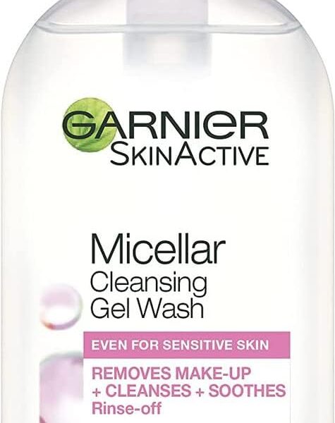 جارنيير غسول وجه جل من ميسيلار للبشرة الحساسة 200 مل، منظف لطيف للوجه ومزيل المكياج، معترف به من قبل كريم اساس البشرة البريطاني، تركيبة قابلة للشطف ولا تجف وخالية من العطور