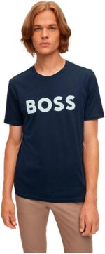 تي شيرت من القطن وقماش الجيرسي بطبعة من المطاط للوجو العلامة التجارية من بوس