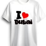 تي شيرت اي لوف دبي للرجال/النساء برقبة دائرية [ مقاس L] كم قصير (للجنسين)، تصميم مطبوع من القطن المطبع، تذكار دبي 100% قطن (ابيض)