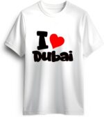 تي شيرت اي لوف دبي للرجال/النساء برقبة دائرية [ مقاس L] كم قصير (للجنسين)، تصميم مطبوع من القطن المطبع، تذكار دبي 100% قطن (ابيض)