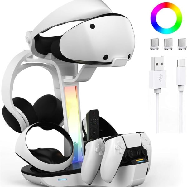 حامل قاعدة شحن لجهاز بلاي ستيشن 5 في ار 2، حامل شحن PSVR2، قاعدة شحن مغناطيسية لاجهزة تحكم PS5 VR2، حامل شحن عالي السرعة، مؤشر LED، حامل سماعات راس الواقع الافتراضي