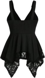 ⁦بلوزة بدون اكمام للنساء من جورجليتر برقبة على شكل حرف V من الدانتيل غير المتماثل مكشكشة واسعة بيبلوم Y2k⁩ - الصورة ⁦2⁩