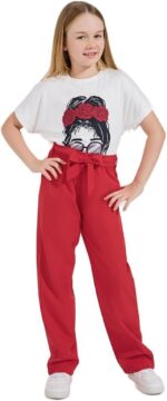 طقم مكون من تيشرت وبنطلون مطبوع عليه Happy Girl'S Day للبنات بعمر 8 سنوات من ستايلي، لون احمر