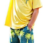 طقم تي شيرت وشورت للاولاد من زولينوفا، ملابس اطفال اولاد، ملابس صيفية للاولاد الصغار، ملابس صيفية بطبعة نخيل من قطعتين لعمر 4-7 سنوات