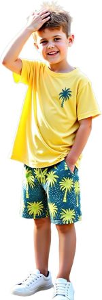 طقم تي شيرت وشورت للاولاد من زولينوفا، ملابس اطفال اولاد، ملابس صيفية للاولاد الصغار، ملابس صيفية بطبعة نخيل من قطعتين لعمر 4-7 سنوات