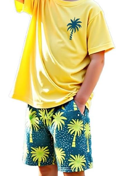 طقم تي شيرت وشورت للاولاد من زولينوفا، ملابس اطفال اولاد، ملابس صيفية للاولاد الصغار، ملابس صيفية بطبعة نخيل من قطعتين لعمر 4-7 سنوات