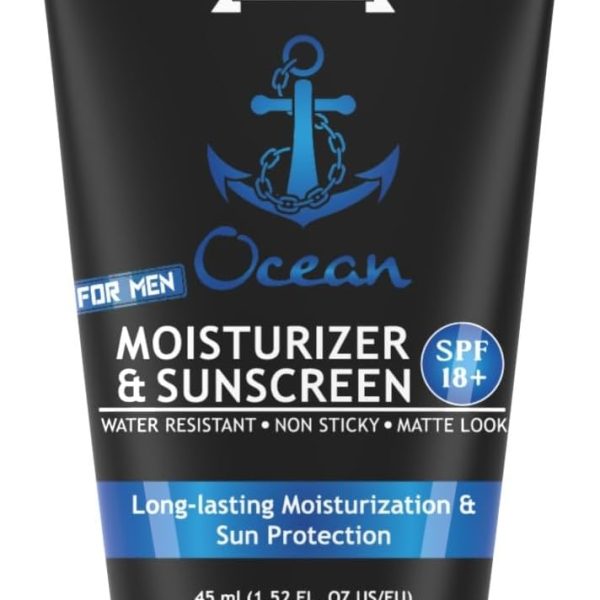 ماتشاستاك كريم مرطب وواقي من الشمس للرجال من اوشن بمظهر مات بعامل حماية من الشمس 18+ مع خرز الكركم والصبار، غير لاصق ومقاوم للماء، 45 مل