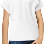 تي شيرت بناتي باكمام قصيرة سادة واساور اكمام مطوية ورقبة دائرية ضيقة عصرية مع زهور ثلاثية الابعاد مقسمة 3 دي 3-12 سنة