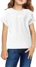 تي شيرت بناتي باكمام قصيرة سادة واساور اكمام مطوية ورقبة دائرية ضيقة عصرية مع زهور ثلاثية الابعاد مقسمة 3 دي 3-12 سنة