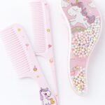 Unicorn Hair Care Set, Pink Detangling Brush with Moving Beads and 3 Combs, Kawaii Princess Theme Girls Hair brush set Girls