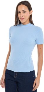 ⁦R&B Women's 325-0451WY001-6 Ribbed Top with Mock Neck and Short Sleeves⁩ - الصورة ⁦2⁩
