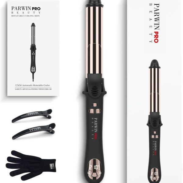 مكواة تجعيد شعر اوتوماتيكية دوارة 360 درجة من باروين برو بيوتي 32 ملم، ملقط تجعيد الشعر بطلاء نانو تيتانيوم مع شاشة LCD، 120-210 درجة مئوية، ذهبي (32 ملم)