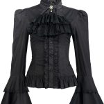 بلوزة فيكتوريان للنساء، قميص لوليتا قوطي عتيق بأكمام طويلة بلوزات مكشكشة لوتس