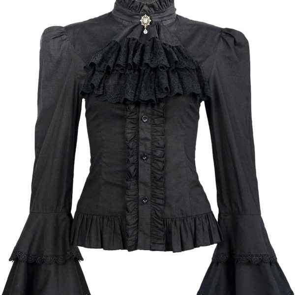 بلوزة فيكتوريان للنساء، قميص لوليتا قوطي عتيق بأكمام طويلة بلوزات مكشكشة لوتس