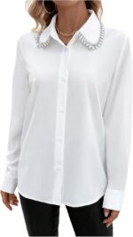 ⁦قمصان نسائية انيقة بياقة واكمام طويلة مزينة باحجار الراين من جورجليتر⁩ - الصورة ⁦2⁩