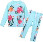 ملابس سباحة للبنات من قطعتين مزينة بطبعات زهور تقي من الطفح الجلدي مع عامل وقاية من أشعة الشمس الضارة 50