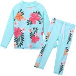 ملابس سباحة للبنات من قطعتين مزينة بطبعات زهور تقي من الطفح الجلدي مع عامل وقاية من أشعة الشمس الضارة 50