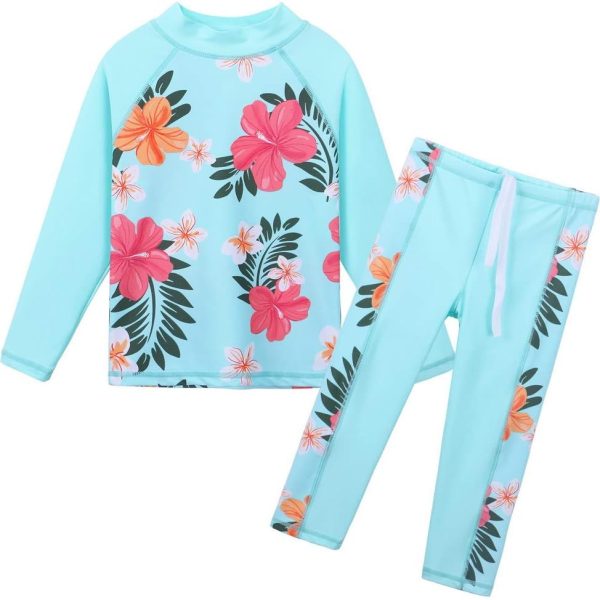 ملابس سباحة للبنات من قطعتين مزينة بطبعات زهور تقي من الطفح الجلدي مع عامل وقاية من أشعة الشمس الضارة 50