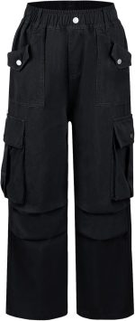 سيور بنطلون كارجو للبنات بخصر مرن مع جيوب متعددة من القطن، ملابس الشارع الشارع، ملابس كاجوال للعب المدرسي