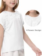 ⁦تي شيرت بناتي باكمام قصيرة سادة واساور اكمام مطوية ورقبة دائرية ضيقة عصرية مع زهور ثلاثية الابعاد مقسمة 3 دي 3-12 سنة⁩ - الصورة ⁦5⁩