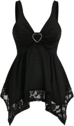 بلوزة بدون اكمام للنساء من جورجليتر برقبة على شكل حرف V من الدانتيل غير المتماثل مكشكشة واسعة بيبلوم Y2k