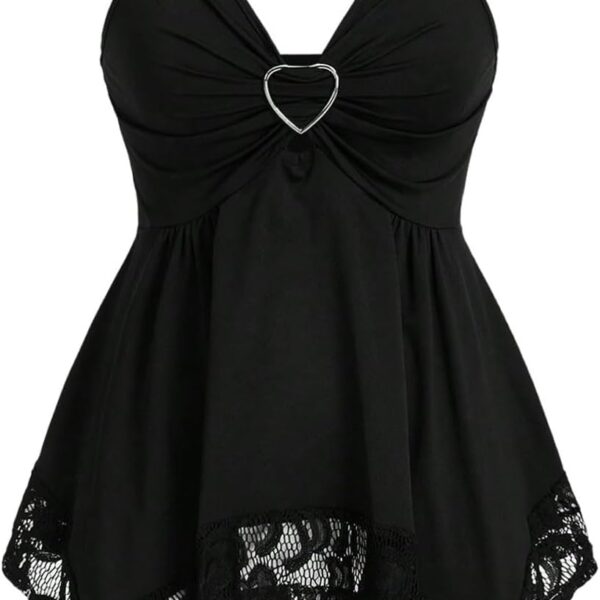 بلوزة بدون اكمام للنساء من جورجليتر برقبة على شكل حرف V من الدانتيل غير المتماثل مكشكشة واسعة بيبلوم Y2k