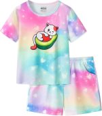 بيجامة بتصميم قطة الافوكادو الاخضر للفتيات المراهقات باكمام قصيرة للاطفال الكبار طقم ملابس متطابقة مقاس 6-16