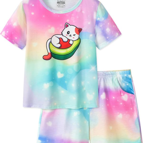 بيجامة بتصميم قطة الافوكادو الاخضر للفتيات المراهقات باكمام قصيرة للاطفال الكبار طقم ملابس متطابقة مقاس 6-16