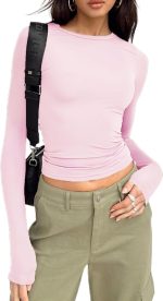 بلوزة قصيرة للنساء بقصة ضيقة كاجوال بلون سادة ورقبة دائرية ضيقة واكمام طويلة