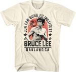 تي شيرت للبالغين مطبوع عليه Bruce Lee Chinese Martal Arts Icon Jun Fan Gung Fu Institute لون اوف وايت