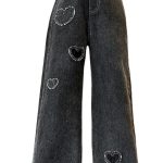 بنطلون جينز كاجوال باستك عند الخصر للبنات الصغيرات بنمط قلوب وارجل واسعة مناسب لعمر 5-15 سنة