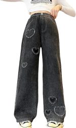 بنطلون جينز كاجوال باستك عند الخصر للبنات الصغيرات بنمط قلوب وارجل واسعة مناسب لعمر 5-15 سنة