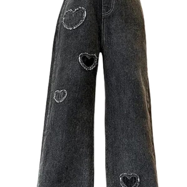 بنطلون جينز كاجوال باستك عند الخصر للبنات الصغيرات بنمط قلوب وارجل واسعة مناسب لعمر 5-15 سنة