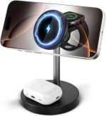 قاعدة شحن لاسلكية 3 في 1 من جارلو لاجهزة ابل ايفون وايربودز والساعة مع حامل شحن ماج سيف، حامل شحن سريع مغناطيسي 15 واط، قاعدة شحن لاسلكية لسامسونج وايفون 17 16 15 14 13 12