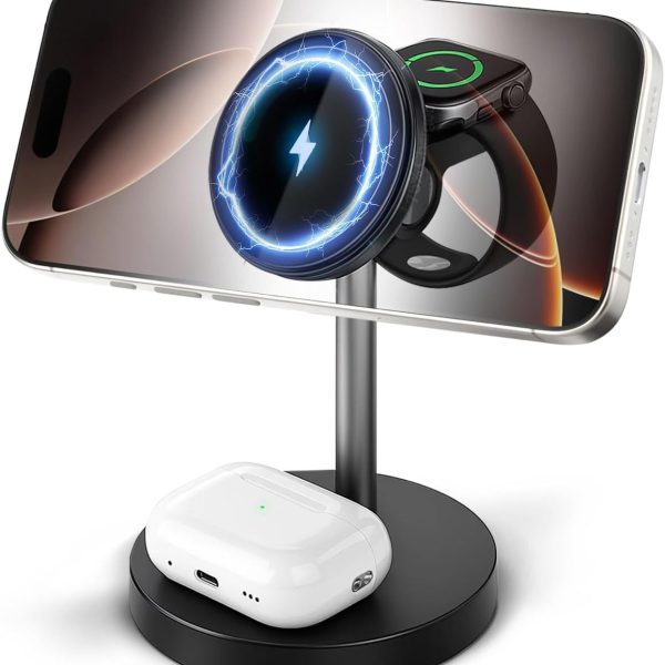 قاعدة شحن لاسلكية 3 في 1 من جارلو لاجهزة ابل ايفون وايربودز والساعة مع حامل شحن ماج سيف، حامل شحن سريع مغناطيسي 15 واط، قاعدة شحن لاسلكية لسامسونج وايفون 17 16 15 14 13 12