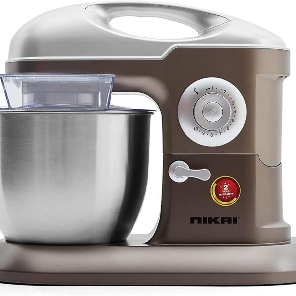 خلاط عامود 1000 واط من نيكاي 6.5 لتر – خطاف عجين، خفق عجين، فضي