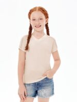 ⁦تيشيرتات صيفية للبنات بقبة V واكمام قصيرة وتصميم منقط سويسري لطيف وعصري لعمر 5-14 سنة⁩ - الصورة ⁦2⁩