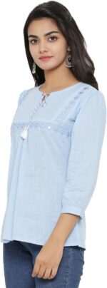 ⁦ياش غاليري بلوزة قطنية مطرزة للنساء (ازرق فاتح، مقاس L)⁩ - الصورة ⁦2⁩