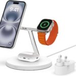 شاحن لاسلكي 3 في 1 ماج سيف من بيلكن، شحن سريع 15 واط للايفون وابل ووتش، قاعدة شحن ايربودز لايفون 14/14 بلس، 13، 12، برو، برو ماكس، ميني، ابل ووتش سيريز 8، 7، SE، الترا - ابيض