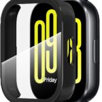 سكيدو جراب مع شاشة حماية من الزجاج المقوى متوافق مع ساعة ريدمي ووتش 5 اكتيف، جراب حماية كامل من البولي كربونات الصلب لحماية الوجه لساعة ريدمي ووتش 5 اكتيف (اسود)