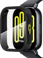 سكيدو جراب مع شاشة حماية من الزجاج المقوى متوافق مع ساعة ريدمي ووتش 5 اكتيف، جراب حماية كامل من البولي كربونات الصلب لحماية الوجه لساعة ريدمي ووتش 5 اكتيف (اسود)